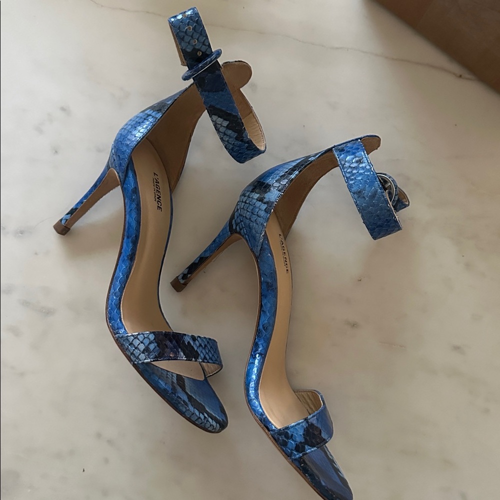 L'AGENCE Gisele II Sandal Paloma Blue Snake Leather Open Toe Heel Size 6 - Picture 3 of 5